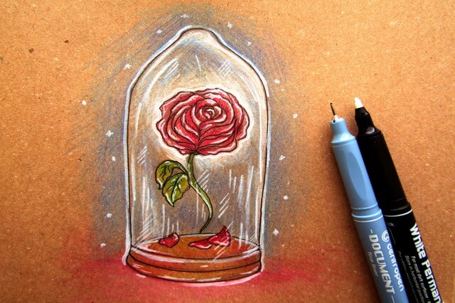 Как нарисовать рисунок к сказке Красавица и чудовище - Рисуем красивую розу в колбе карандашом поэтапно